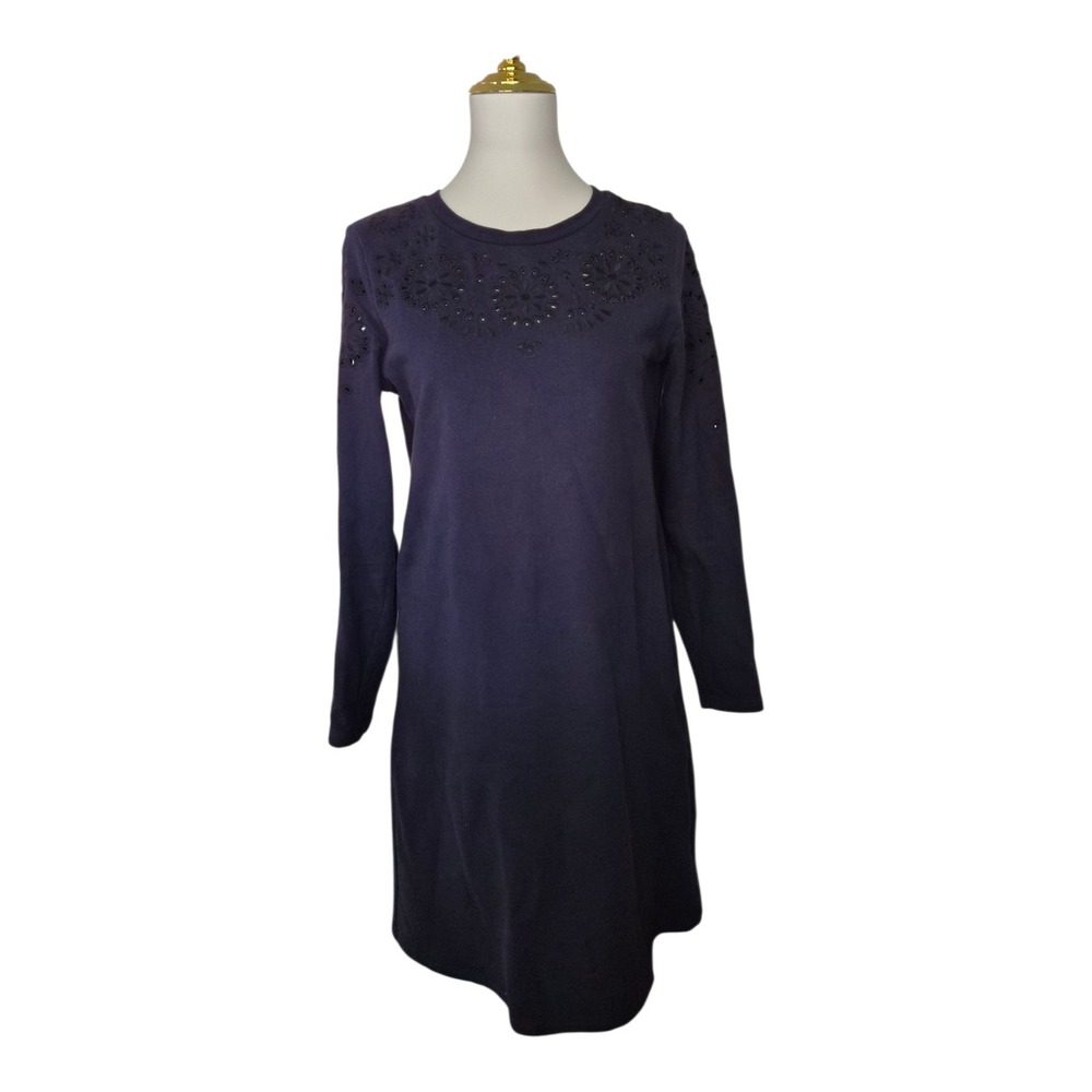 Boden Navy Blue Embroidered Eyelet Knit Dress Size 6R Long Sleeve 100% Cotton